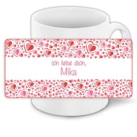 Tasse mit Namen Mika und schönem Motiv mit rosa Herzen zum Valentinstag - Liebestasse Keramiktasse Freundschafts-Tasse
