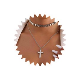 Atentuyi Punk Layered Cross Pendant Necklace Silver Cuban Thick Choker Chunky Link Chain Necklace Crucifix Religious Necklace Cross Necklace Jewelry for Women and Girls