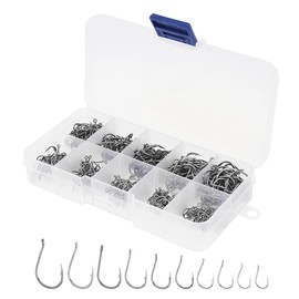 Pack of 200 Fishing Hooks, Carbon Steel Fishing Hooks Set in 10 Sizes, Fishing Hooks with Barbs, Fishing Hooks Carbon Steel, Fishing Hooks with Eyelet, Fishing Accessories with Plastic Organiser Box