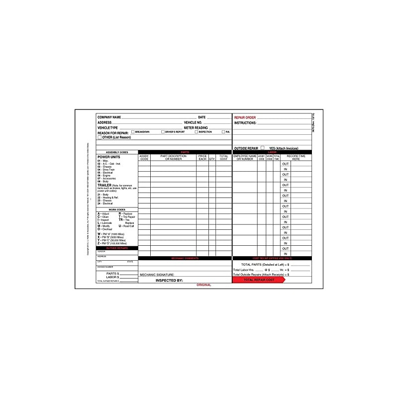 Garage Repair Order Forms with Work Codes, 8.5” x 11.75”,