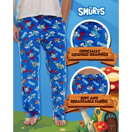 COCO BRANDS The Smurfs Men's All Over Print Pajama Pant with Adjustable, Elastic Waistband - Soft, Silky Sleepwear, Blue/Happy Smurfs & Mushrooms, Medium