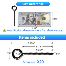 Muzata 20Pack 3.3Inch M6 Black Screw Eye Hooks Stainless Steel Heavy Duty Screw for Wood Securing Cables Wire Terminal Ring Eyelet Stand Self Tapping Eye Bolt Indoor Outdoor CR18