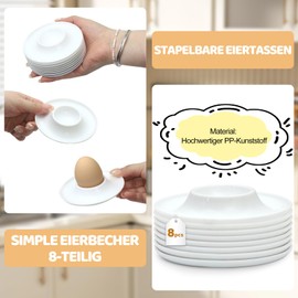 Gucass 8 Stück Eierbecher Stapelbar, Runde Eierbecher Plastik Set mit Ablage, Bruchsichere Eierhalter Kunststoff für Hart und Weichgekochte Eier, Ideal für Küche, Frühstück, Kinder und Camping (Weiß)