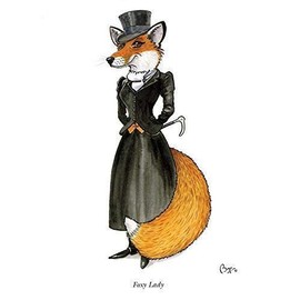 "Foxy Lady" funny greeting card of fox dressed in hunting attire. Iconic cartoon image by Bryn Parry. Large A5 size, blank on the inside, cellophane wrapped with envelope.