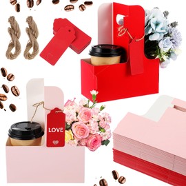 MotiMind 50 Pcs 2 Cup Drink Carrier with Handle Red and Pink Kraft Paperboard Cup Holder Portable for Hot Cold Drinks Coffee Cup Caddy with Heart Cutout Card and Rope for Valentine's Day
