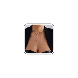 Inilbran Punk Necklace with Chunky Links Vintage Cuban Chain Gold Thick Chain Necklace with Round Ball Beads Y Drop Necklace Jewellery for Women and Girls, Zinc, No Gemstone