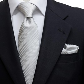 MICHIKO LONDON Tmichi-014 Necktie, Wedding, Formal Chief Set, Made in Japan, Striped, Silk, Silver, Gray, Silver