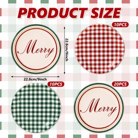 Whaline Merry Christmas Paper Plate Gingham Plaid Disposable Plate 9 Inch Red Green Checkered Dinner Dessert Plate For Xmas Winter Party Supplies Table Decor, 40Pcs