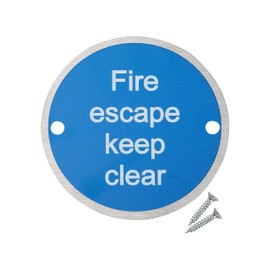 Fire Door Guru® Fire Escape Keep Clear Fire Door Sign - 76mm Disc - Stainless Steel - Fixings Included - VAT Registered