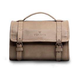 WESLEATH Hanging Leather Toiletry Bag | Water-Resistant Cosmetic Case For Men - Bathroom Dopp Kit Carry On Premium Quality Travel Organizer for Toiletries, Customized Shower Bag (Sand Stone)