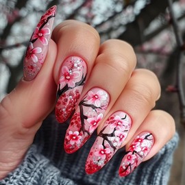 24Pcs Flower Press on Nails Long Length Pink Peach Blossom Pattern Design Full Cover Glossy Almond False Nail Spring Artificial Fake Nails Reusable Almond TipPress Ons Stick on Nail for Women