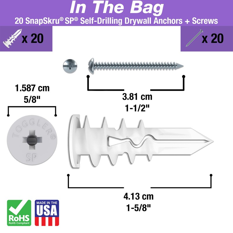 TOGGLER SnapSkru SP Self Drilling Drywall Anchor for Hollow Walls