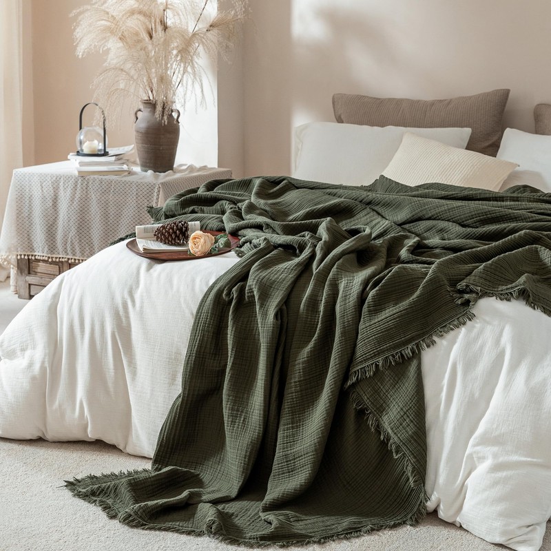 XINJU Muslin Fringe Blankets for Adults: 100% Cotton Cloud Soft