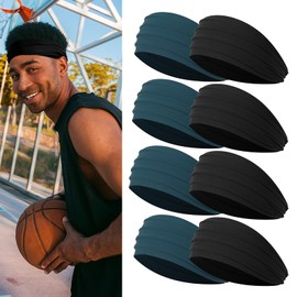 Sweat Hair Bands for Men Non Slip, Black Elastic Headbands for Long Hair, Dark Blue Men's Sports Head Bands, Athletic Workout Headbands for Running, 8 Pieces