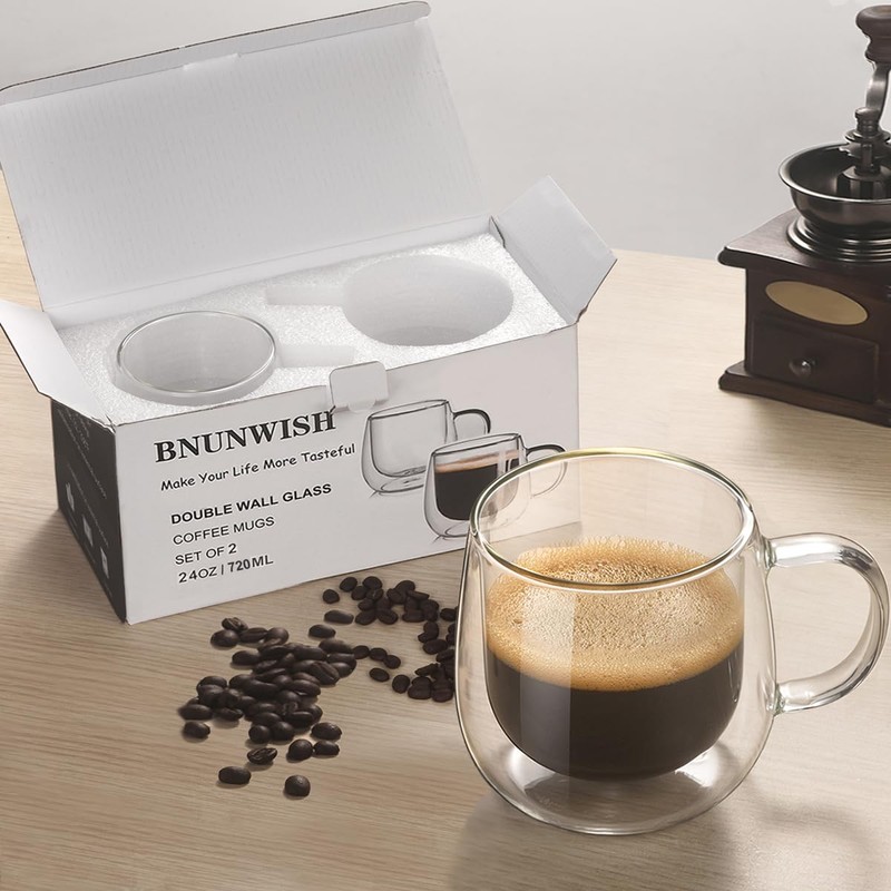 BNUNWISH Large Double Walled Glass Coffee Mugs Beer Cups 24oz