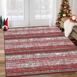 CAREMEE Christmas Area Rug 8x10 Non Slip Washable Rug Boho Area Rug Low Pile Ultra Thin Indoor Throw Carpet Rug for Laundry Dining Room, Red