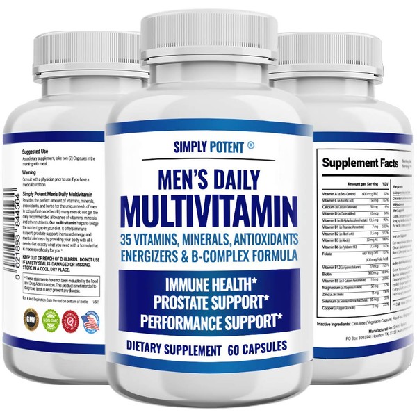 Daily Multivitamin for Men, 35 Vitamins with Minerals & Antioxidant, Vitamins A C D E, Biotin B12 Folate Zinc Magnesium & Saw Palmetto for Energy, Focus, Immune & Prostate Health, 60 Capsules