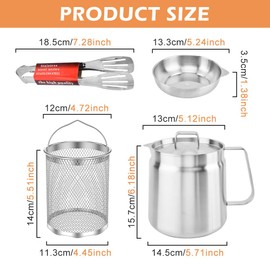68oz/2L Stainless Steel Oil Filter Pot, Bacon Grease Container with Strainer & Deep Fryer Basket, 304 Stainless Steel Oil Container,Kitchen Mini Oil Fryer And Filter Cup Combo