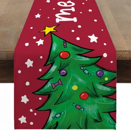 Ohok Christmas Table Runner 33 x 183 cm, Linen Christmas Series Table Cloth Kitchen Dining Table Decoration for Indoor and Outdoor Holiday Party Living Room Decor (Christmas Tree)