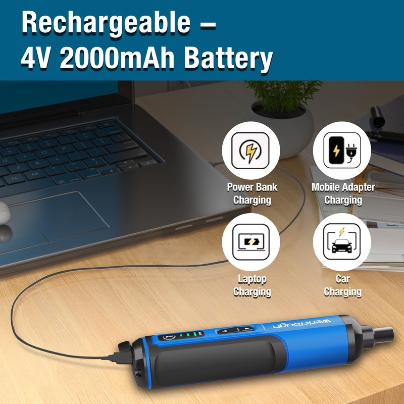 PowerTough 4v Mini Electric Cordless Screwdriver with 3-Gear Torque, 5Nm