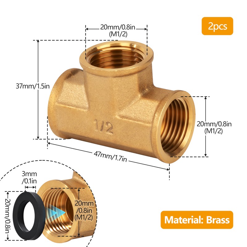 Brass T-piece, 2 pieces 1/2 inch female x female thread