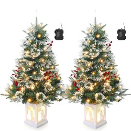 Small 3ft Pre-Lit Artificial Christmas Tree, Green with White Lights and Snowman Base for Home or Office Tabletop, Includes Timer and Battery Operated Option, 2 Pack