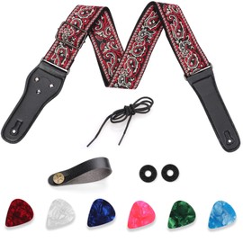 Guitar Strap 2" Wide Jacquard Embroidery Guitar Belt Electric Guitar Bass Leather Acoustic Guitar Ernie Ball Strap with Leather Ends 6 Guitar Picks 2 Strap Locks for Guitarists Gift - Red Gray