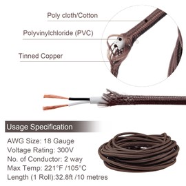 RTNLIT 32.8ft Cloth Covered Lamp Wire, 18 AWG 2 Conductor Round Rayon Fabric Covered Vintage Braided Electrical Lamp Cord for DIY Antique Industrial Lighting Project (Brown)