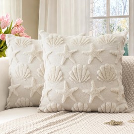Shell Starfish Throw Pillow Covers Set of 2 Beach Seaside Cushion Covers for Sofa 18x18 Inch Square Spring Summer Soft Plush Short Wool Velvet Pillowcase Holiday Decor Cream Beige