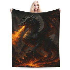 Qycazzw Fire Breathing Dragon Blanket Gifts for Women Kids, Black Fantasy Creature Theme Flannel Blankets, Warm Cozy Soft Throw for Bedroom, Camping, Couch, Decor 50x60 in