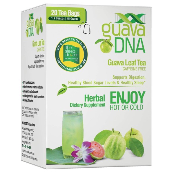 GuavaDNA Guava Leaf Tea 20 Individually Wrapped Teabags | 100% Pure Guava Leaves, Nothing Else Added. | Great For Digestion, Sleep Support Teas | (20 Teabags)