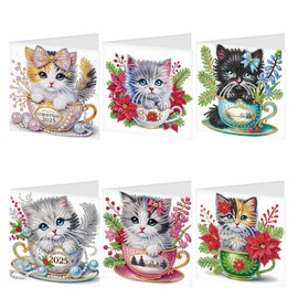JISHSHAY Set of 6 Diamond Painting Greeting Cards Cat Diamond Painting Greeting Cards Animals Crafts Adult Birthday Cards Mosaic Craft Set Adult Cat Crystal Art Thank You Cards with Envelope