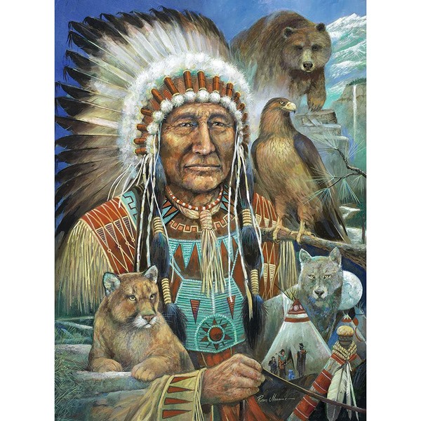 Bits and Pieces - 300 Piece Jigsaw Puzzle for Adults 18" X 24" - Chief Sitting Bear - 300 pc Native American Chief Animal Spirits Wolf Eagle Tent  Jigsaw by Artist Ruane Manning