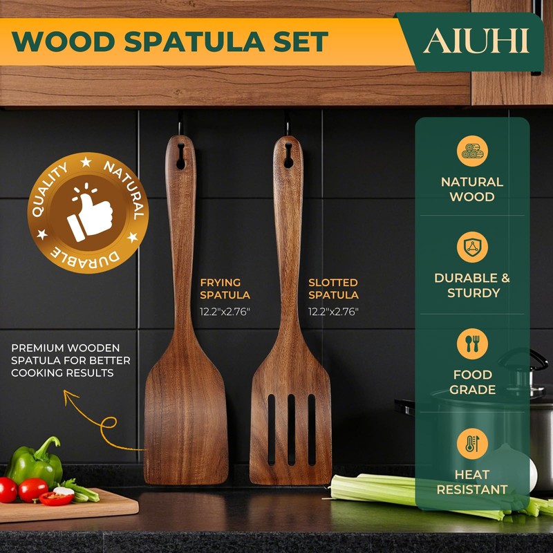 AIUHI Teak Wood Spatula for Cooking, Durable Flat Turner and