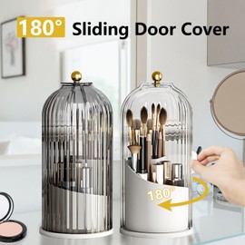 Primst Makeup Brush Holder Case, 360° Rotating Cosmetic Organizer with Dustproof Lid, Spinning Comestic Storage Organizer for Vanity and Bathroom (White)