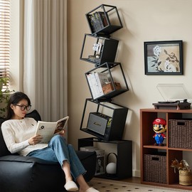 BUZUEY Geometric Bookshelf,5-Tier Unique Bookcase,72.8" Tall Black Bookshelf, Modern Book Shelf,Corner Storage Shelves for CDs/Books/Home Decor,Industrial Display Shelf for Living Room, Bedroom