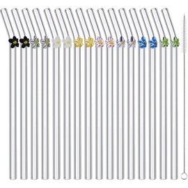 16 Pieces Reusable Glass Straw with Flower Cute Colorful Glass Straws with Design 7.87 x 0.31" Shatter Resistant Bend Straws and Cleaning Brush for Cocktail Hot or Cold Drinks