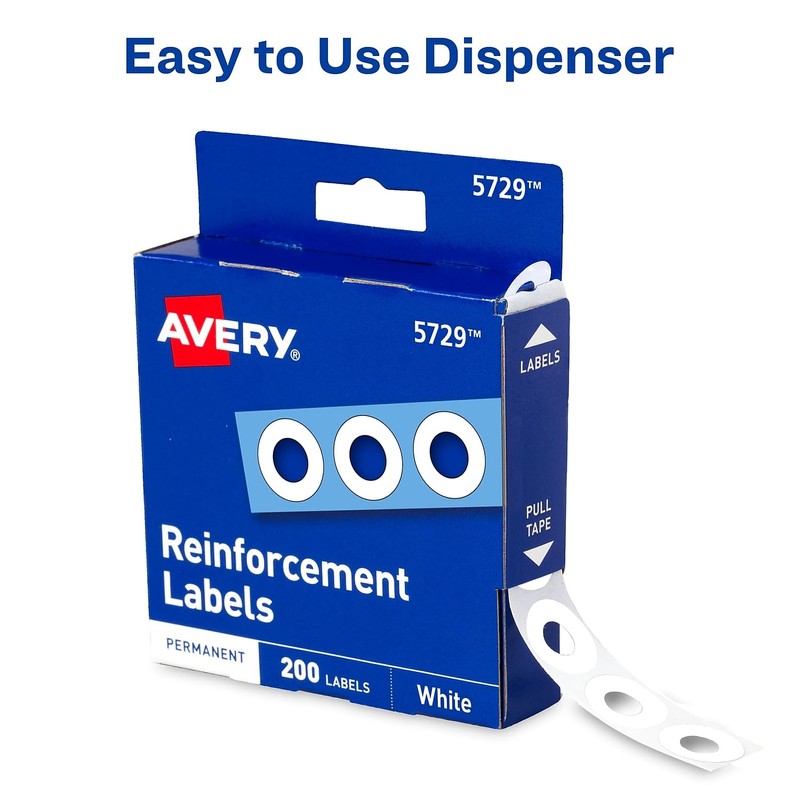 Dispenser Pack Hole Reinforcements, 0.25" Dia, White, 200/Pack, (5729)