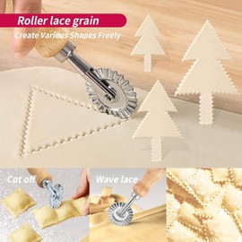 Ravioli Pasta Cutter Wheel Set，Ravioli Stamp Maker Cutter with Roller Wheel (Set of 5)，Mold with Wooden Handle and Fluted Edge for Ravioli, Pasta, Dough Cutter and Press Stamps