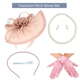 Ibeauti Fascinator Hats with Screentouch Lace Gloves Set for Women Tea Party Cocktail Wedding Derby Headwear Short Gloves (05 Pink)