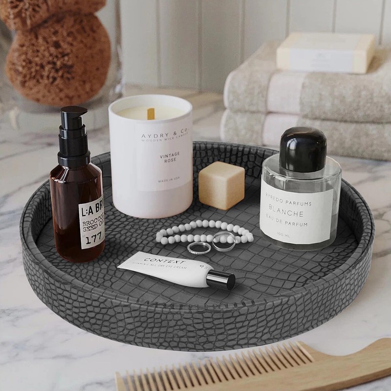 HofferRuffer Faux Leather Round Serving Tray, Vegan Croco Leather Decorative