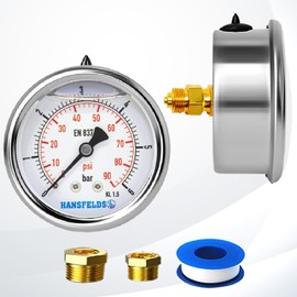 Hansfelds 0-6bar Pressure Gauge Liquid Filled 1/4'' BSP Back Mount 63mm Dial Face stainless steel case Brass Connection Dual Scale bar/psi Accuracy 1.6,2Pieces Bushing reducer 1/4"to 3/8",1/4"to1/2"
