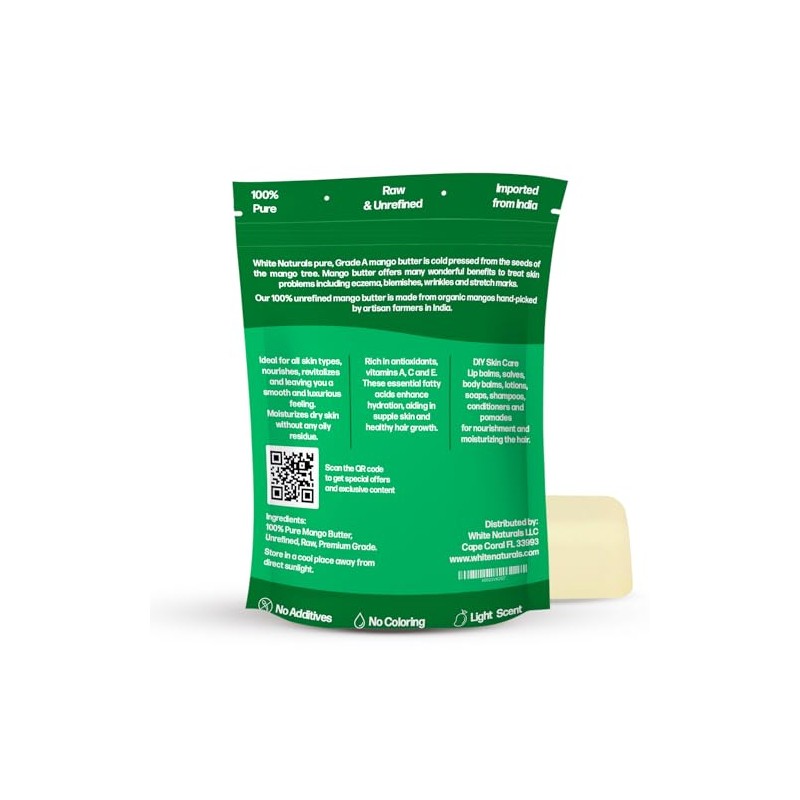 White Naturals- Mantequilla de mango sin refinar, 8 oz, humectante