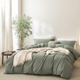 BDEAR Linen Feel Heathered Green Duvet Cover King Size 104'' W x 90'' L, 100% Washed Cotton Duvet Cover with Zipper Closure Plus 2 Pillowcases, Oeko TEX Standard Certificated