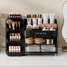 UFORU Makeup Organizer for Vanity with Brush Holder, Countertop Skincare Organizer with 2 Drawers, Spacious Cosmetic Display Case for Perfumes, Cologne, Shaving Lotion