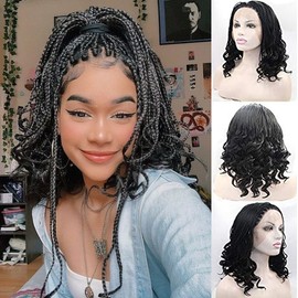 Natural Black Braided Synthetic Lace Front Wigs for Women Free Part Curly Wavy Syntheic Boxed Braided Lace Wig Glueless Heat Resistant Cosplay Wig 14inch