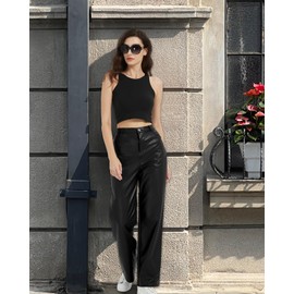 Women's Black Leather Pants, High Waist Faux Leather Straight Pants, Wide Leg Leather Leggings Bell Bottom Flare Pants（Black-M）
