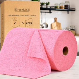KitchLife Microfiber Cleaning Cloth Roll, 100 Pack - Tear-Away Microfiber Paper Towels, Lint-Free, Reusable, Washable for Kitchen, Car, Dishes, and Sensitive Surfaces (Pink)