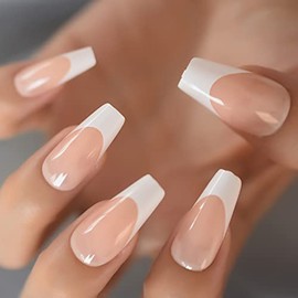 Coolnail Glossy Peach Pink Nude White French Ballerina Coffin False Nail Long Press on Ballet Fake Reusable Wear Artificial Nails