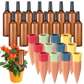 Baderke 24 Pcs 12 Set Plant Watering Devices, Terracotta Watering Spikes with 25 oz Plastic Wine Bottles, Slow Release Vacation Insert Automatic Plant Waterer Devices for Indoor Outdoor